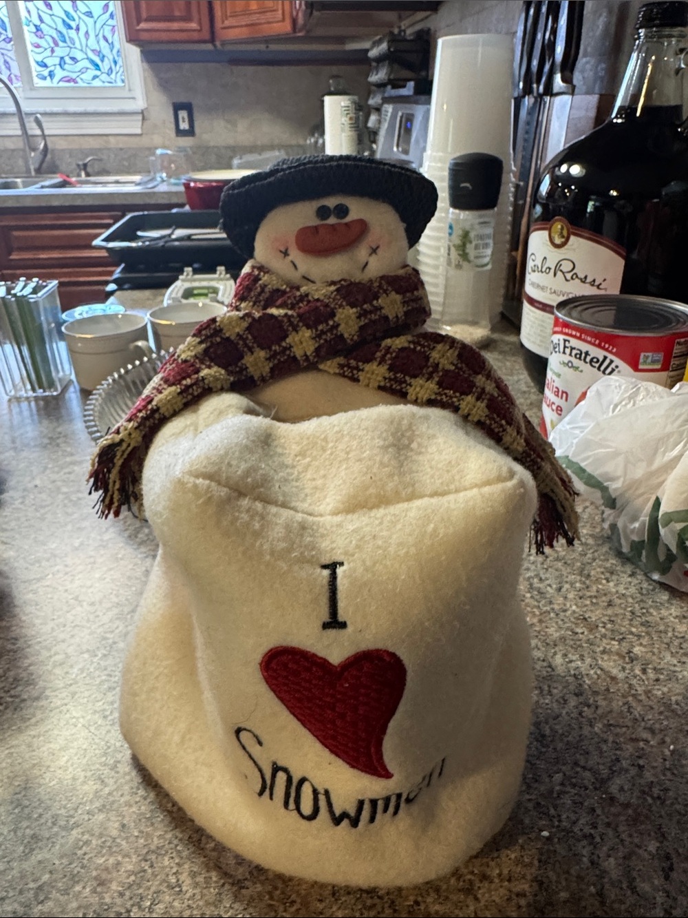 Tissue Holder!Home Holiday Plush Snowman Hat Decoration - Cream with Red Accents